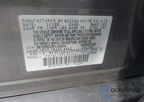 2023 Nissan Kicks Sv Xtronic Cvt z USA, uszkodzony, nr VIN 3N1CP5CV3PL494674